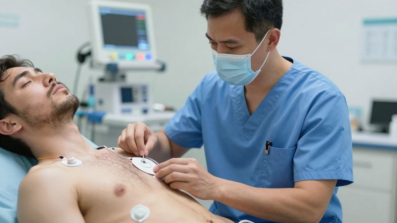 Technician attaching electrodes to a patient's chest.