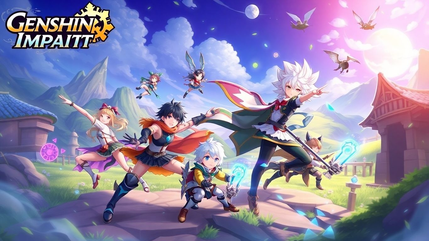 Genshin Impact characters in a fantasy landscape.