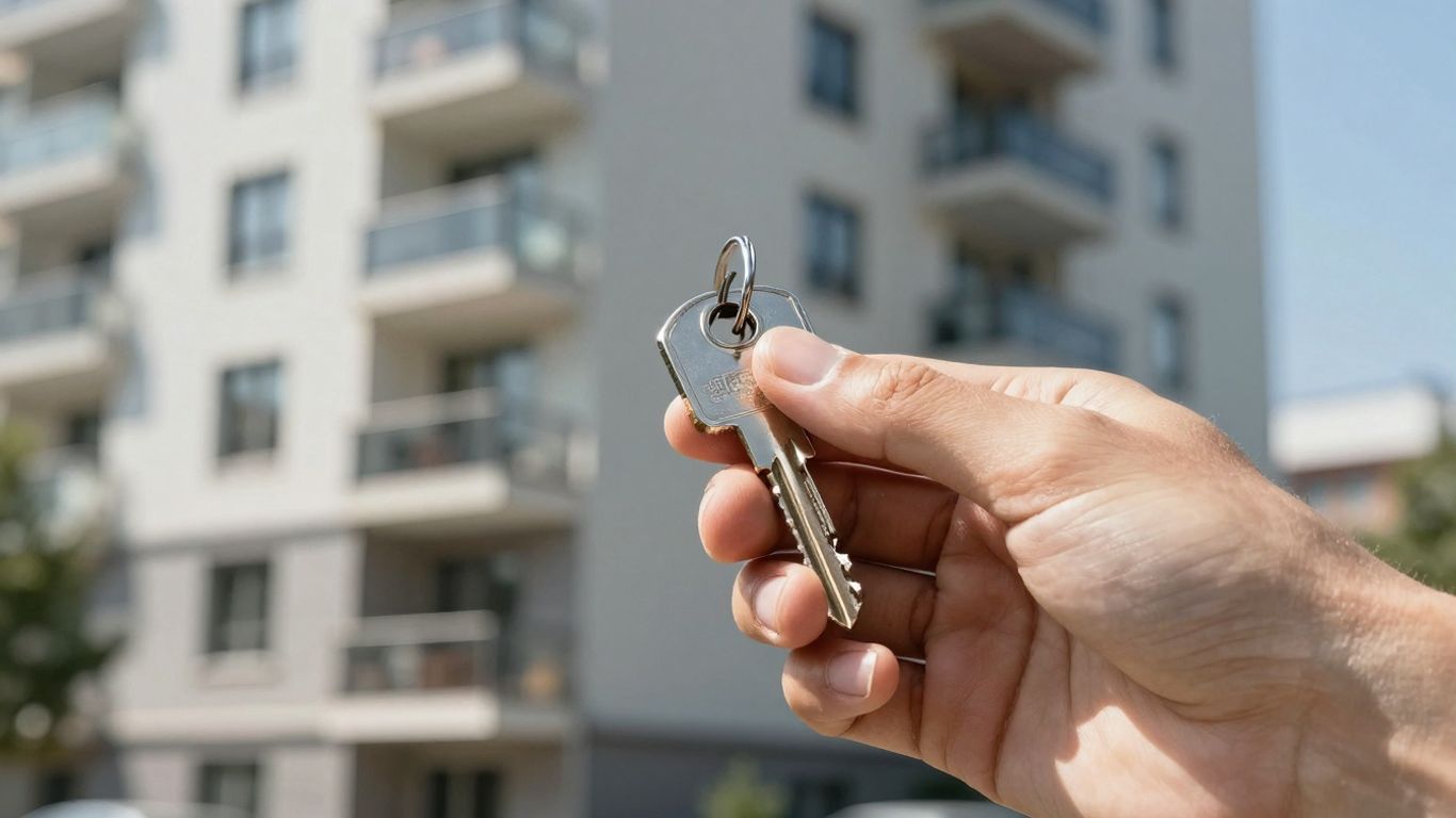 Cheie în mână, clădire modernă, investiție imobiliară.