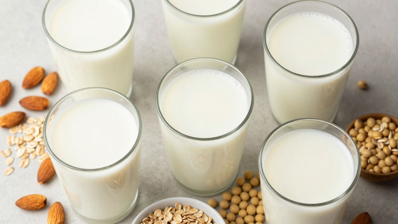 Verschiedene pflanzliche Milchsorten mit Zutaten.