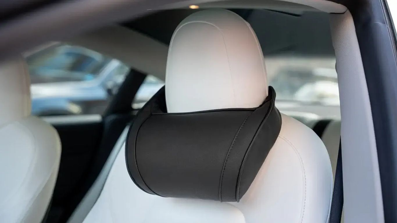 Car interior featuring a black headrest on a white seat.