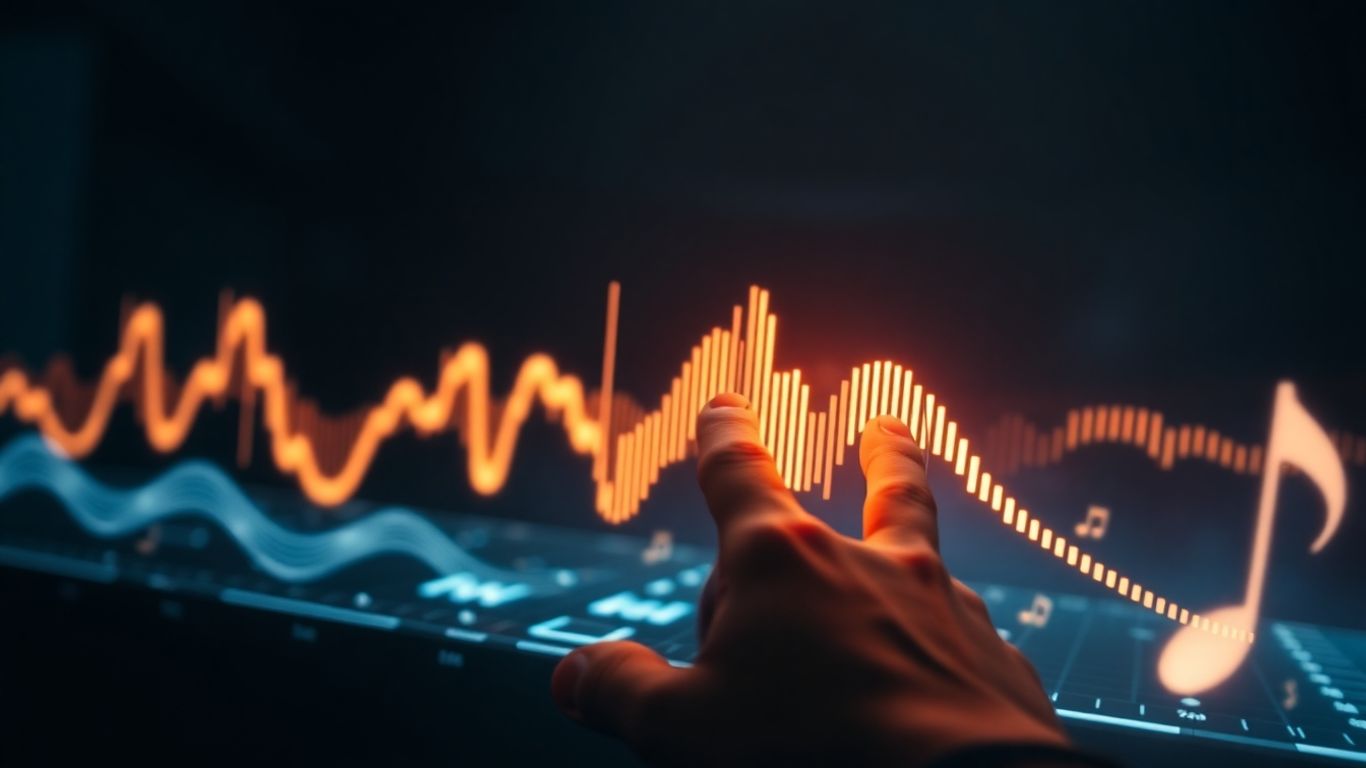 Human hand creating AI music waveform