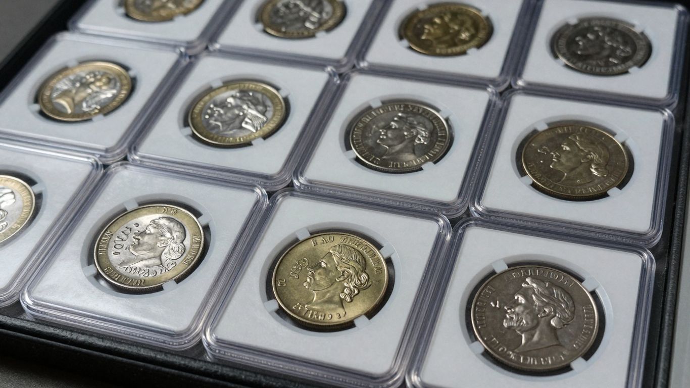 Organized coin collection in a display case.