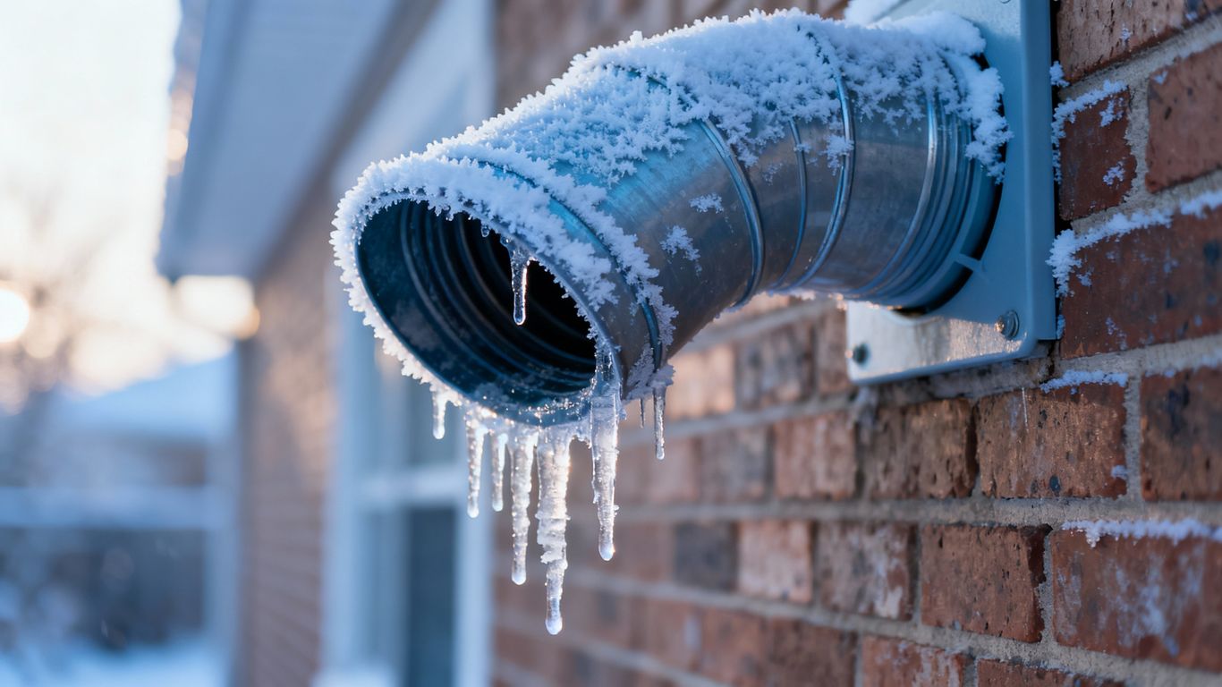 Frosty dryer vent pipe in cold weather.