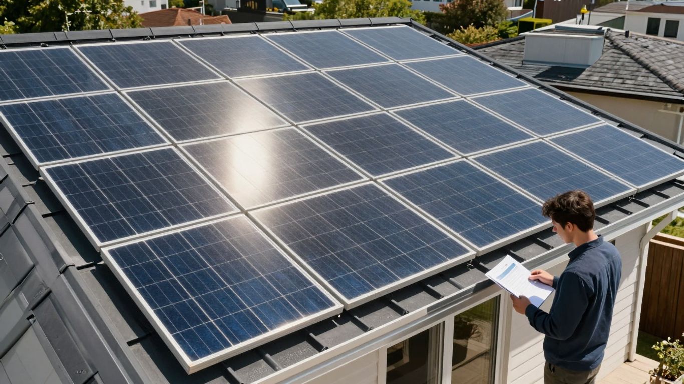 A Technician And Homeowner Reviewing Documents For A Solar Panel Loan In Front Of A House With Rooftop Panels.