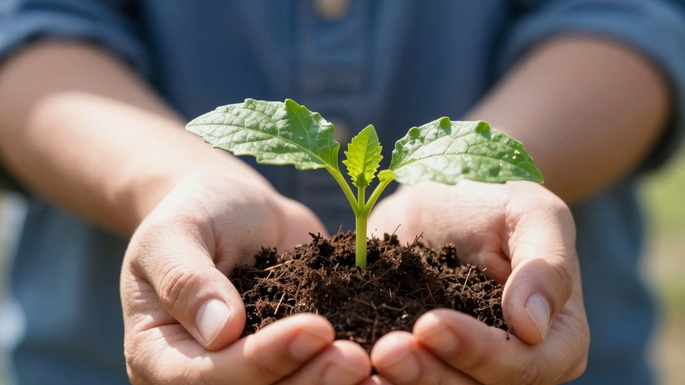 Hands nurturing a small green sprout in dark soil.