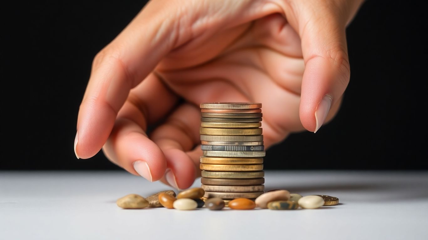 Mână aranjând monede și pietre, simbolizând echitatea.