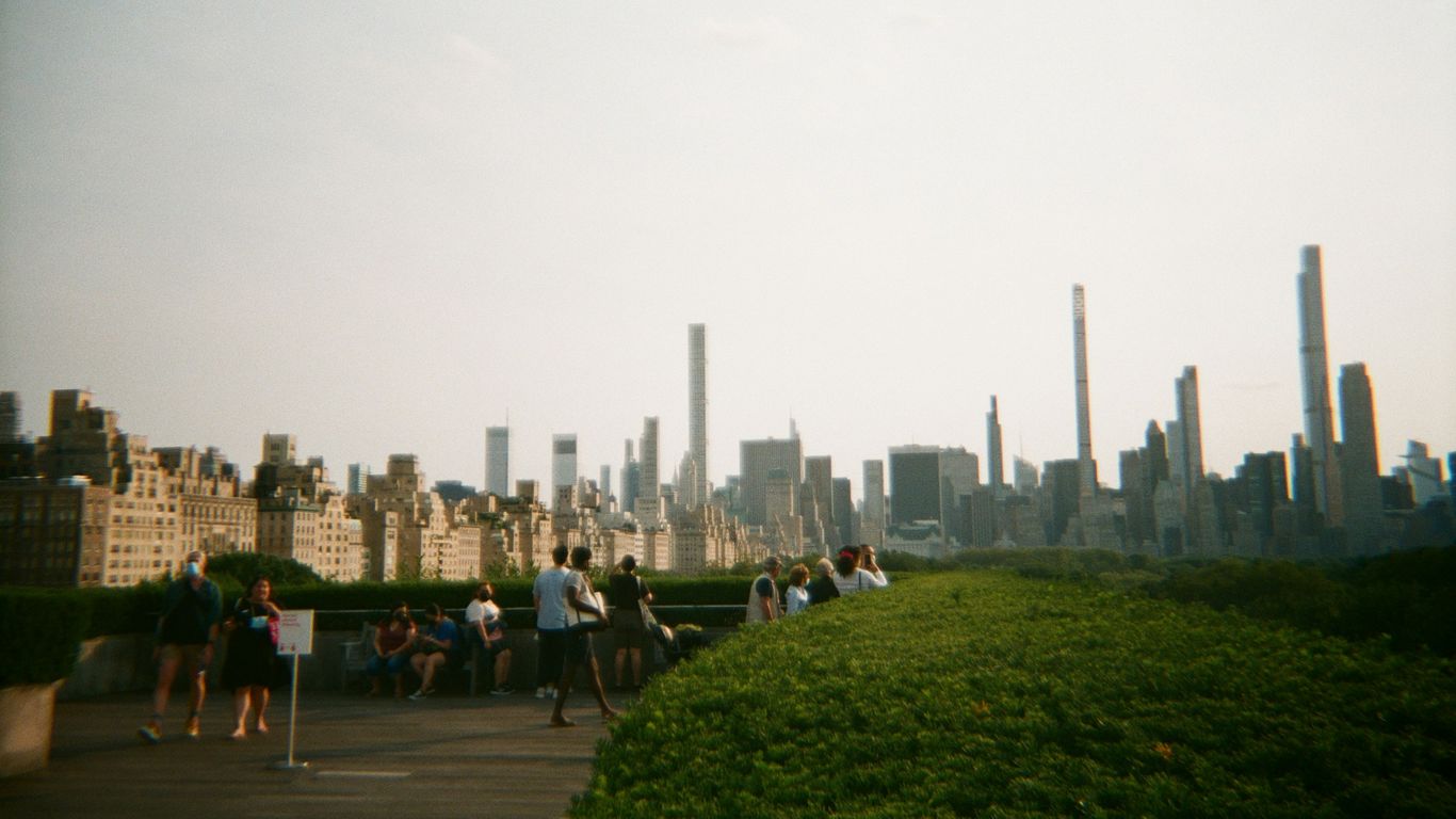 a group of people standing on top of a lush green hillside