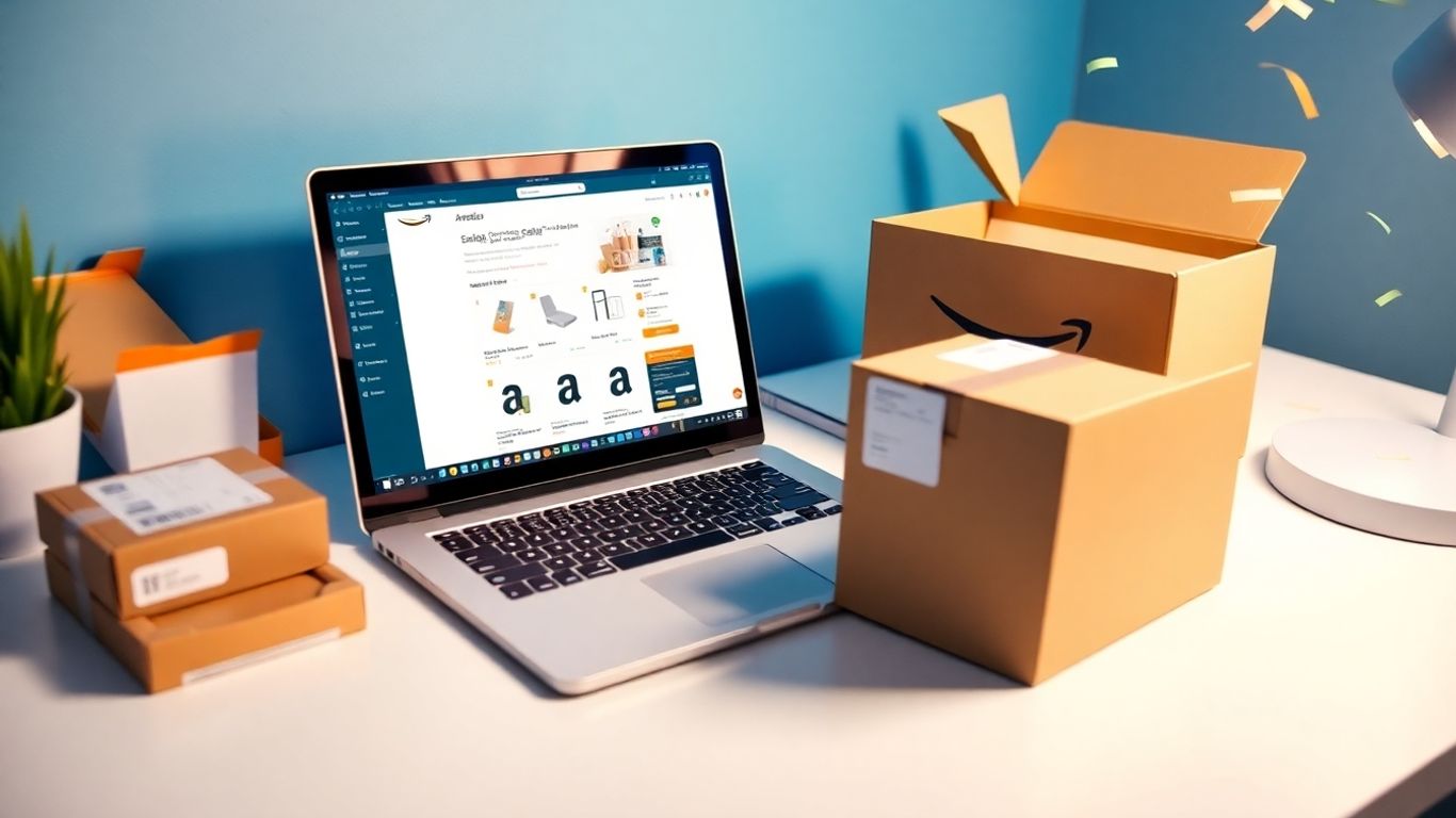 Amazon selling success with product packaging and laptop.