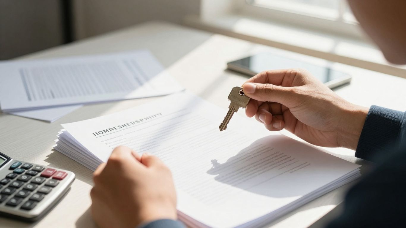 Person considering house key and financial documents.