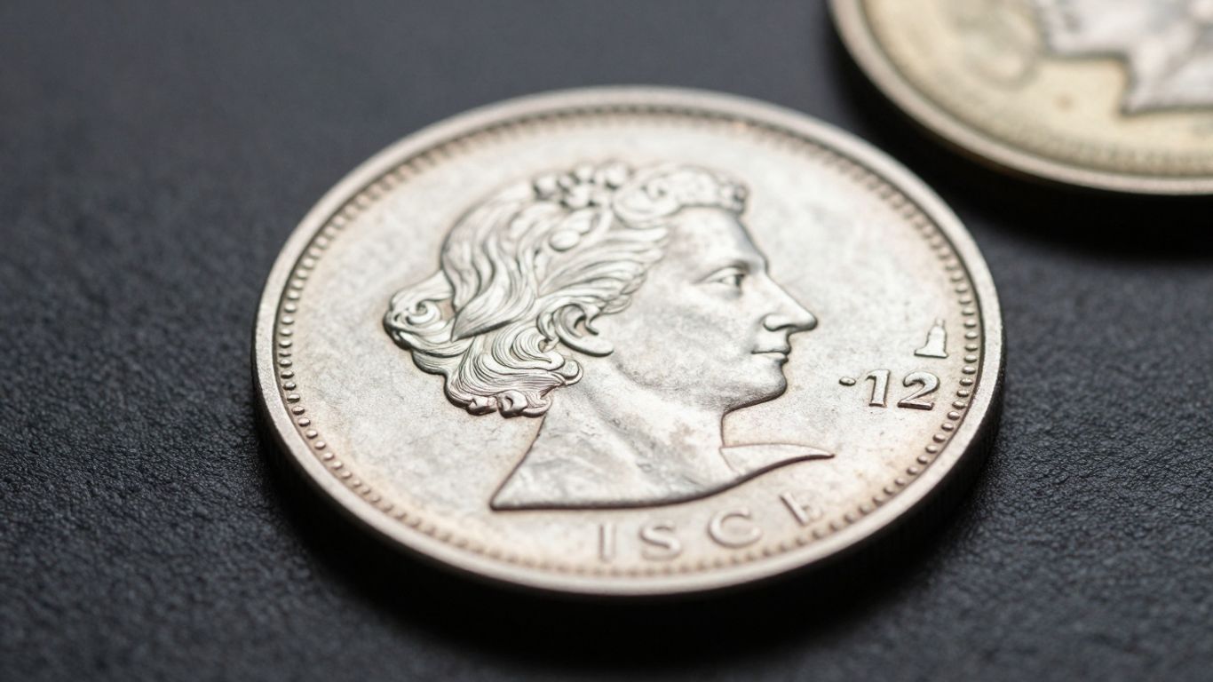 Close-up of a shiny silver coin with intricate details.