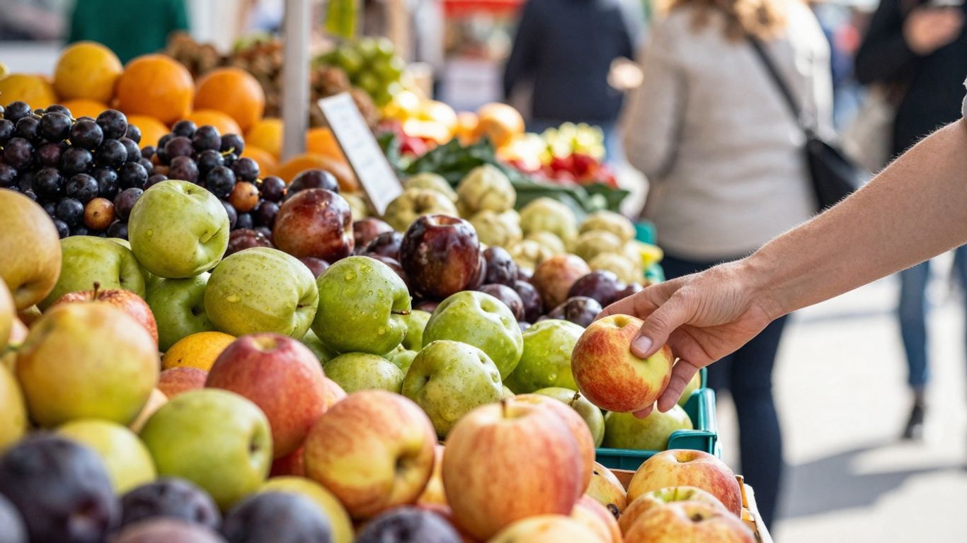UK street market stall with fresh produce.