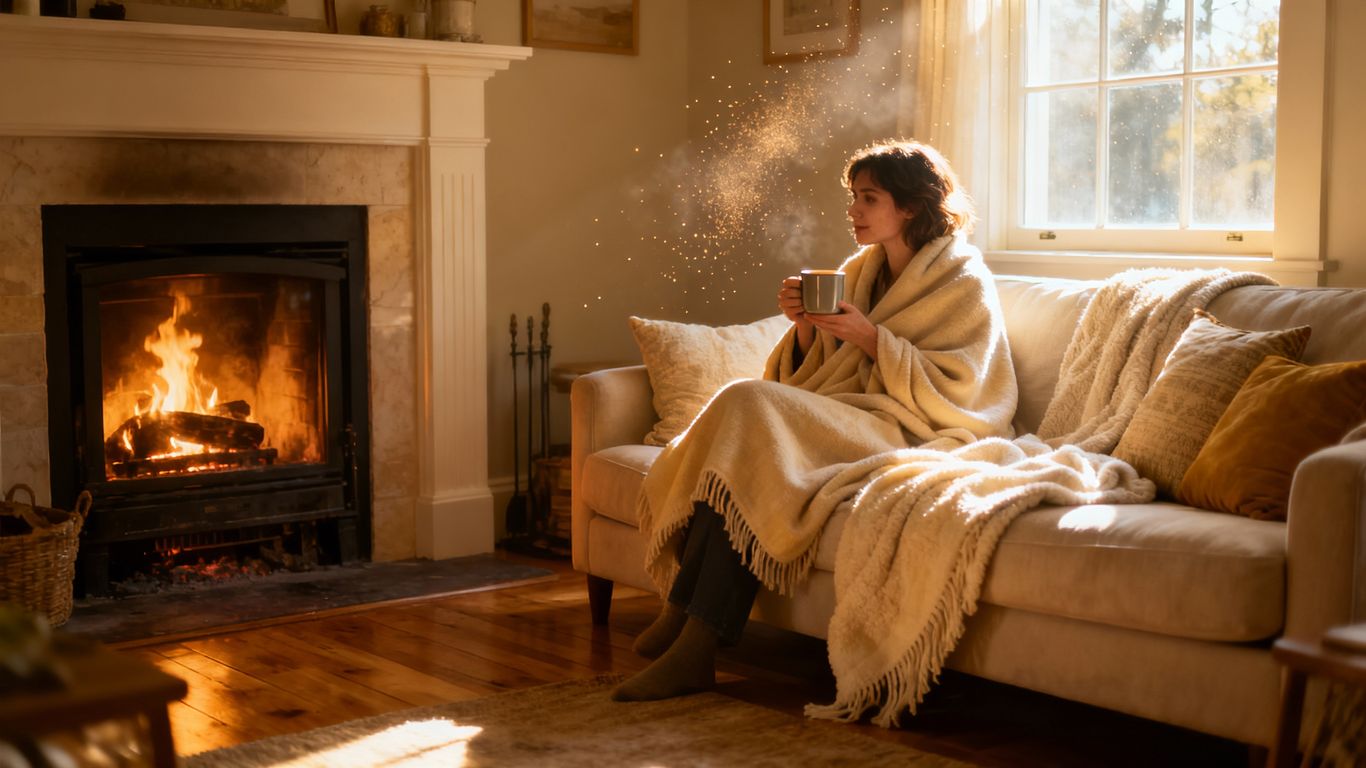 Cozy living room with fireplace and person