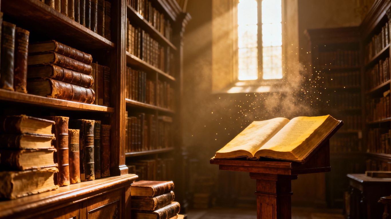 Ancient philosophy books in a sunlit library.