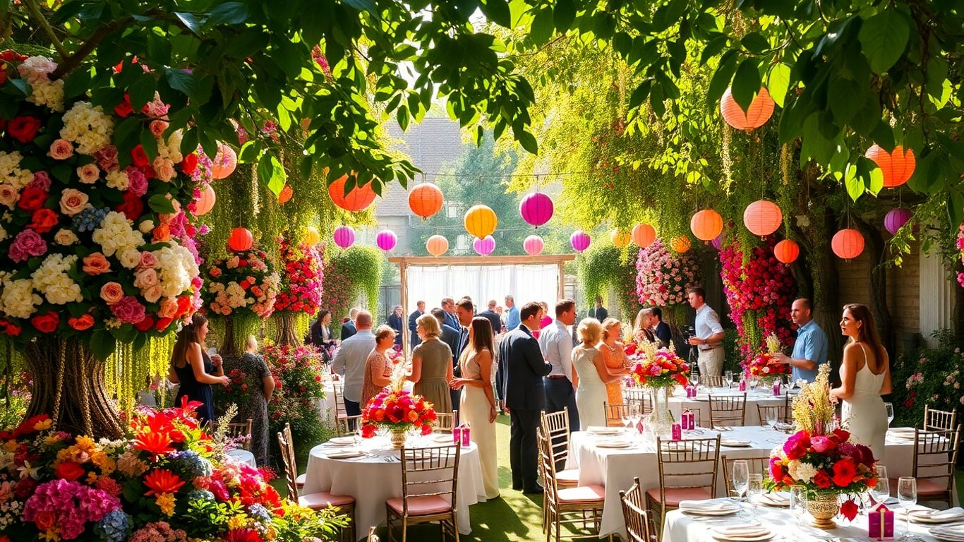 Vibrant garden party with flowers, greenery, and guests.