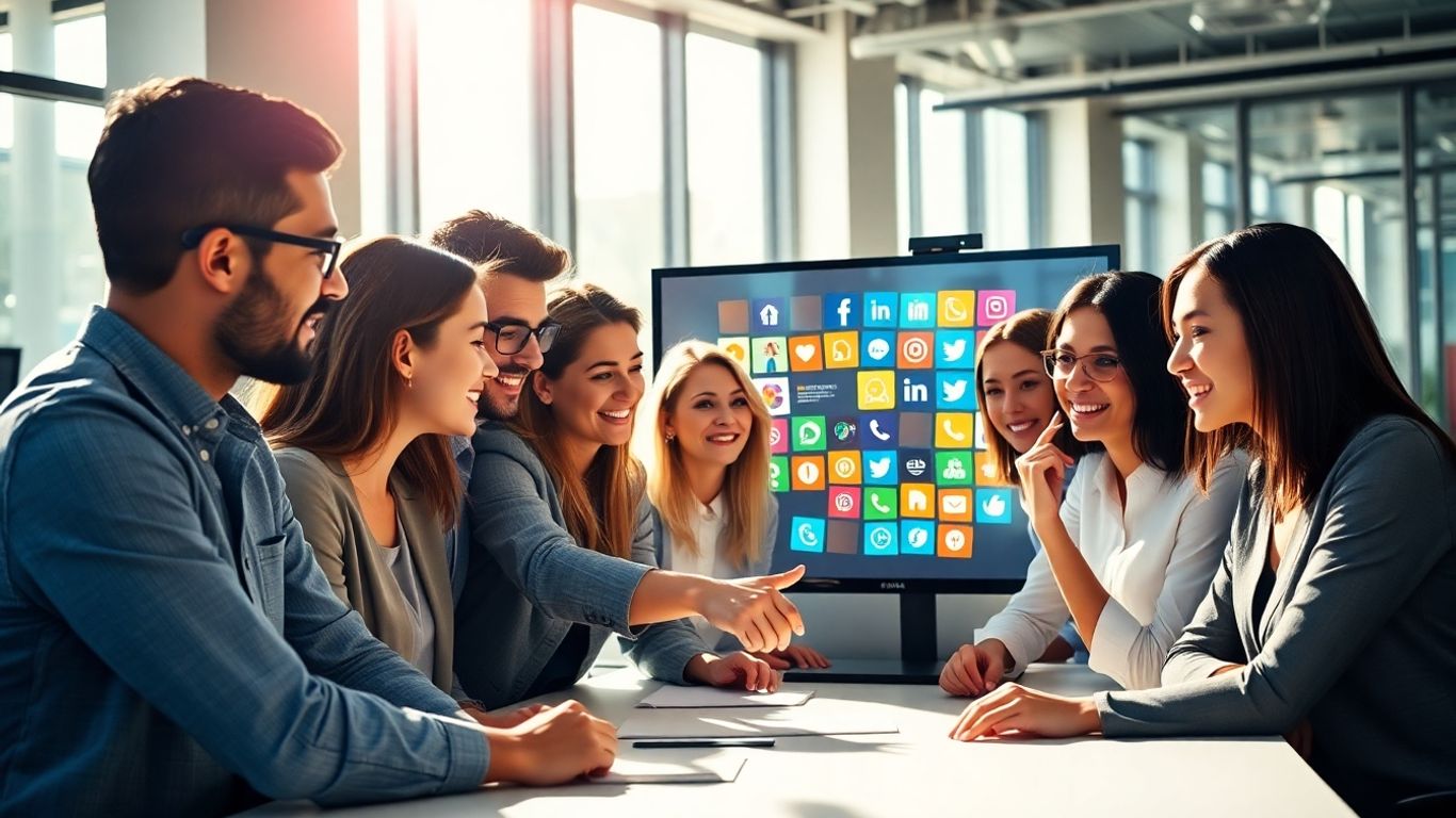 Business people collaborating on social media strategy