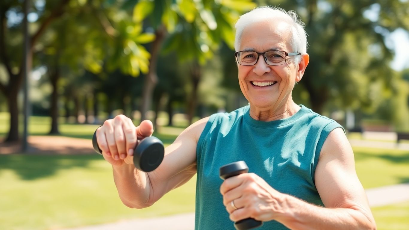 Smiling older adult exercising with a dumbbell in a park.