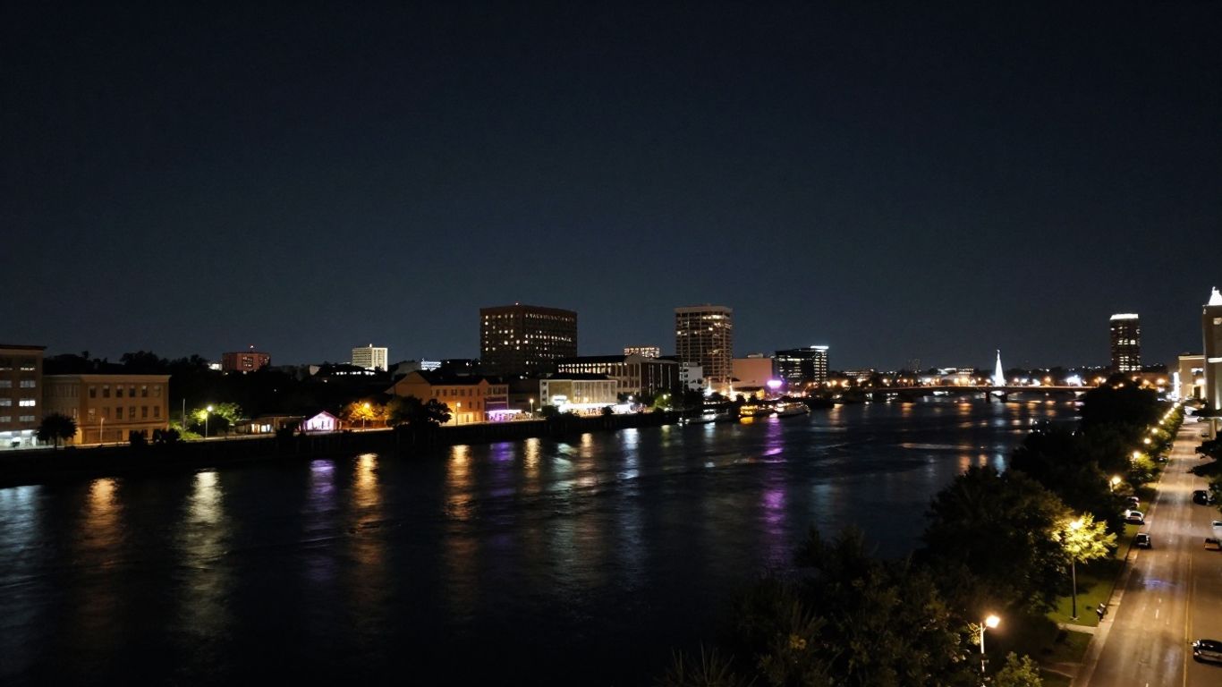 Baton Rouge cityscape at night with Mississippi River.