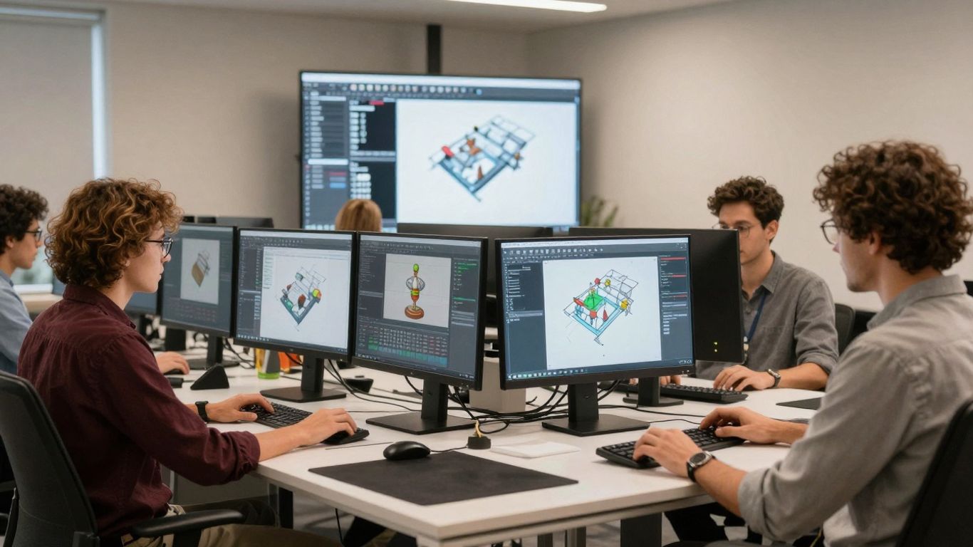 Team collaborating on complex 3D designs in a modern office.