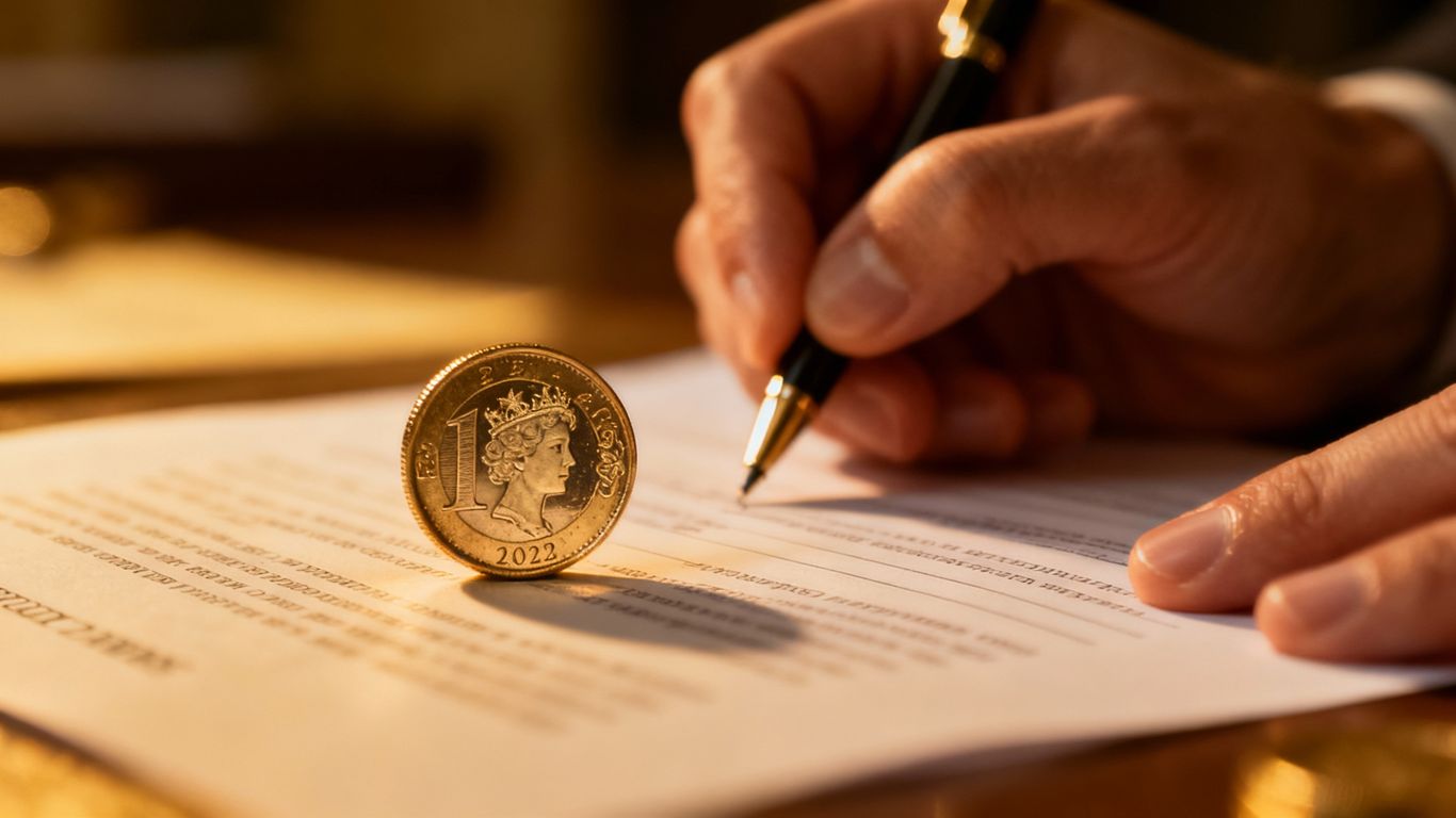 UK pound coin on a legal document with a hand signing.