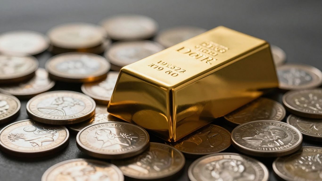 深色背景上的金條和銀幣。