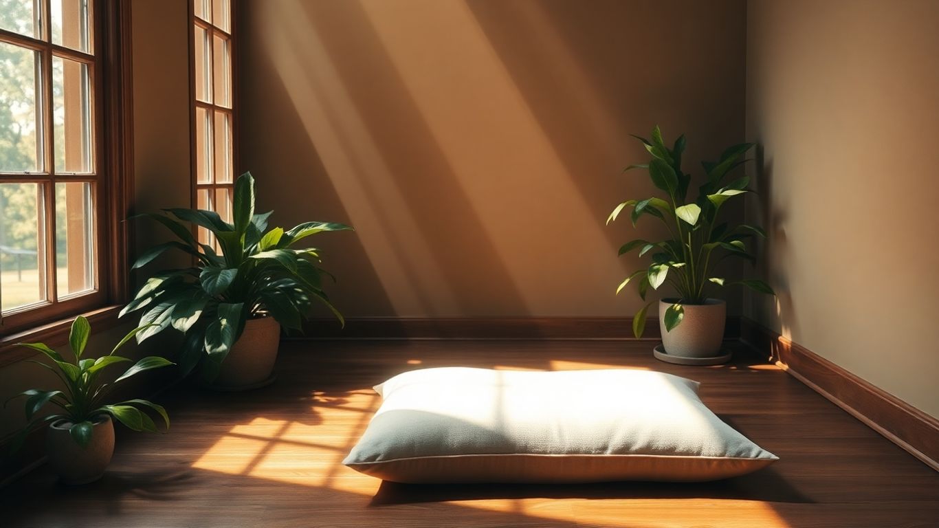 Peaceful meditation space with sunlight and plants.