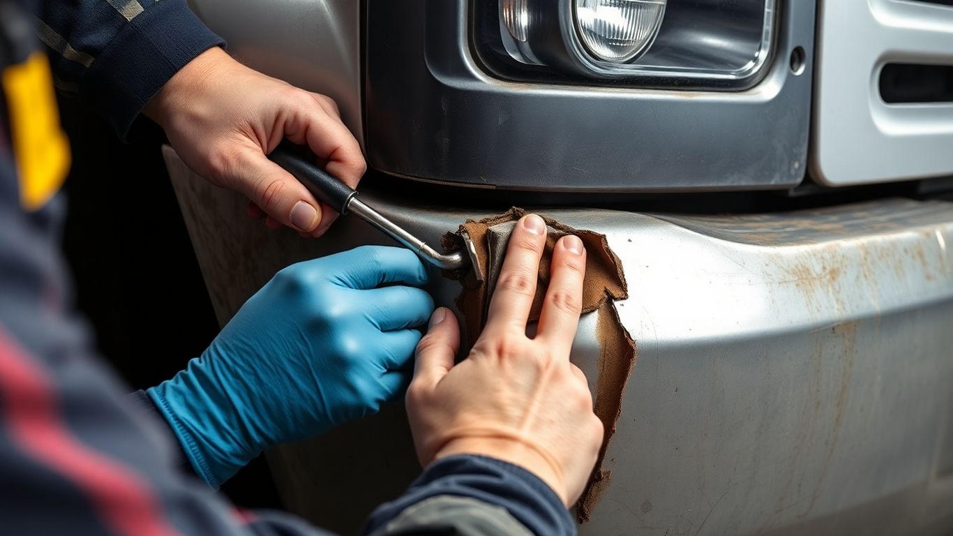 Mãos consertando para-choque de caminhão danificado com ferramentas.
