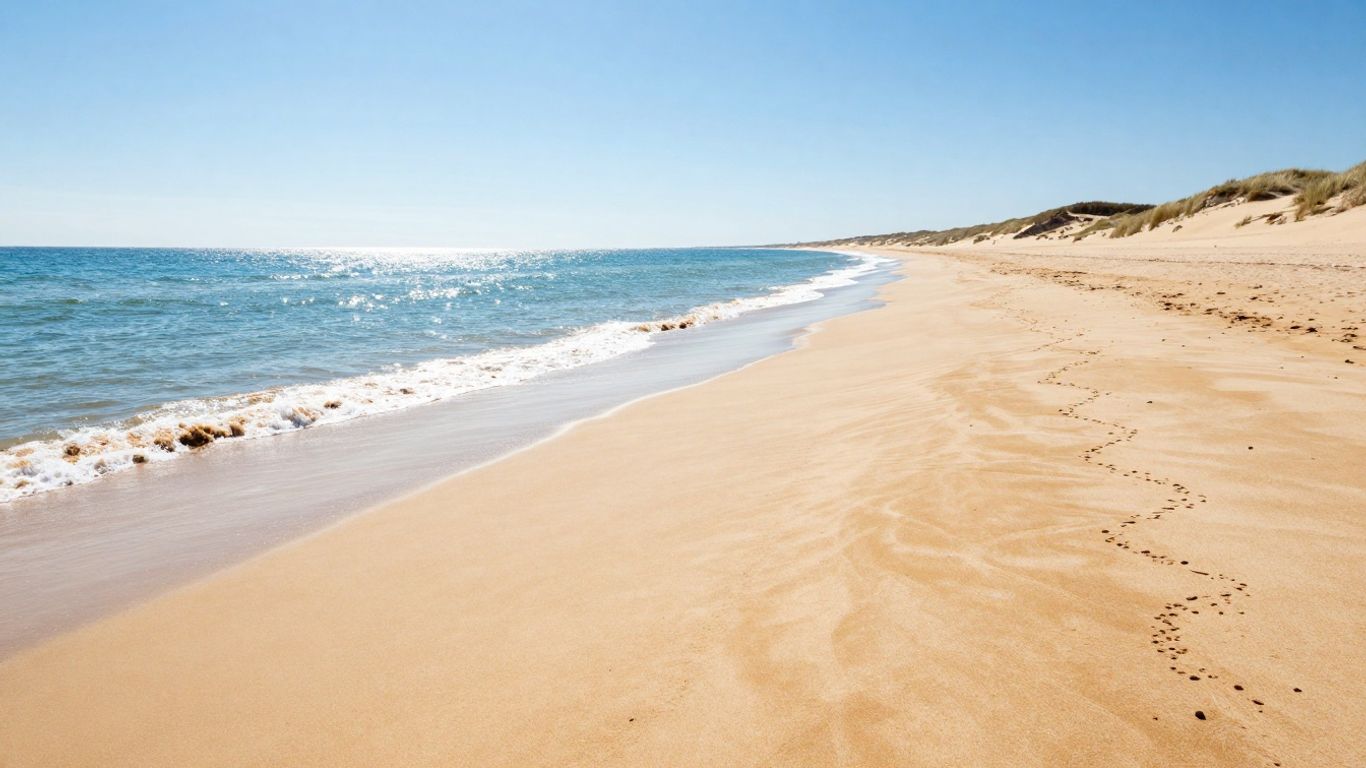 Zonnig strand aan de Zeeuwse kust met duinen en zee.