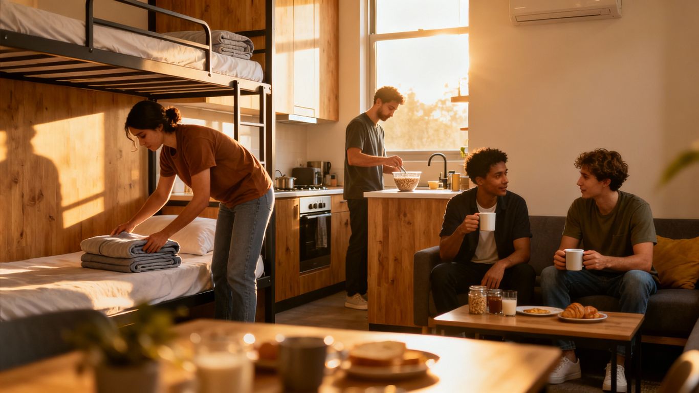 People in a hostel engaging in daily routines.
