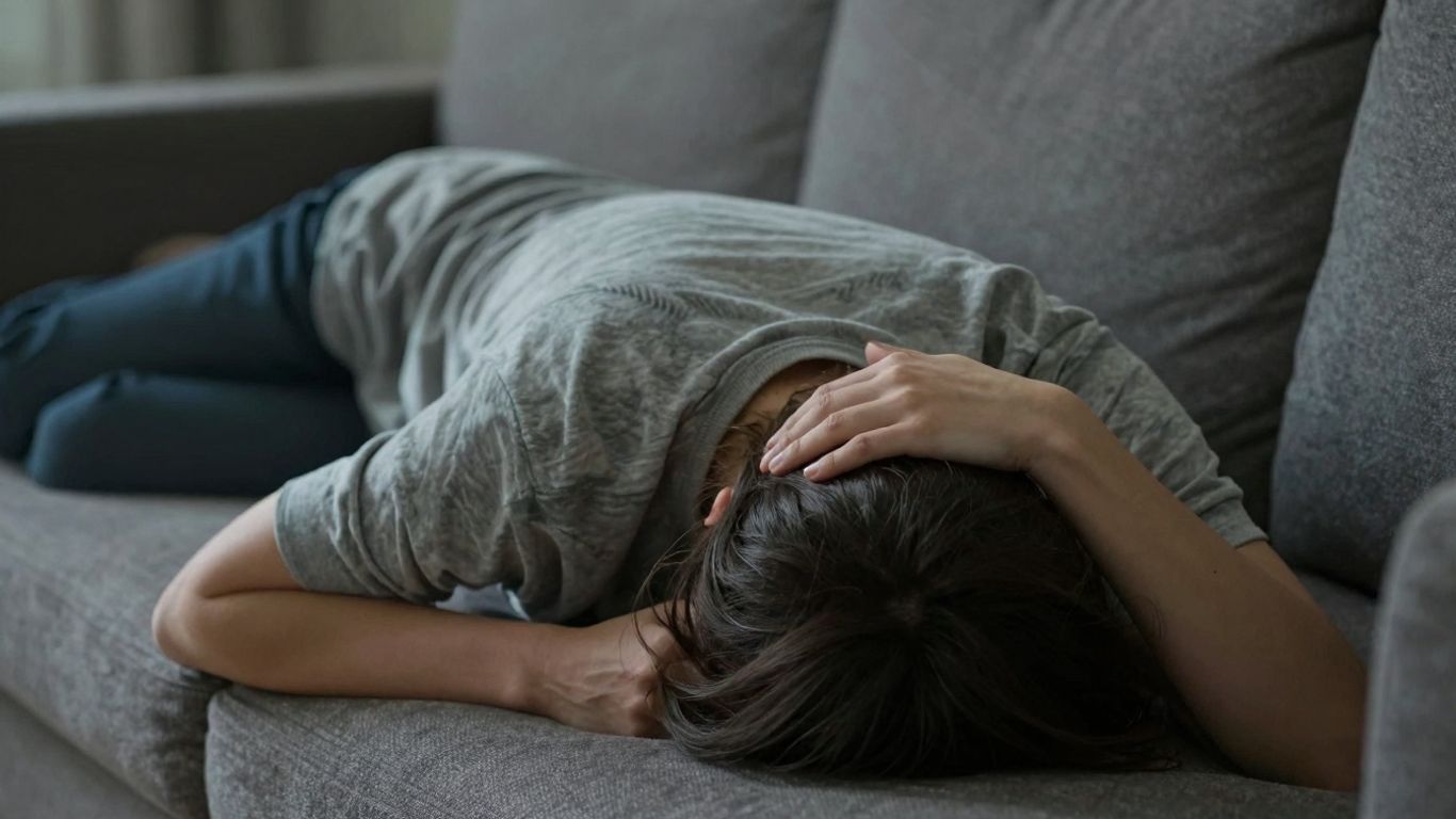 Persoană obosită, epuizată, așezată pe canapea.