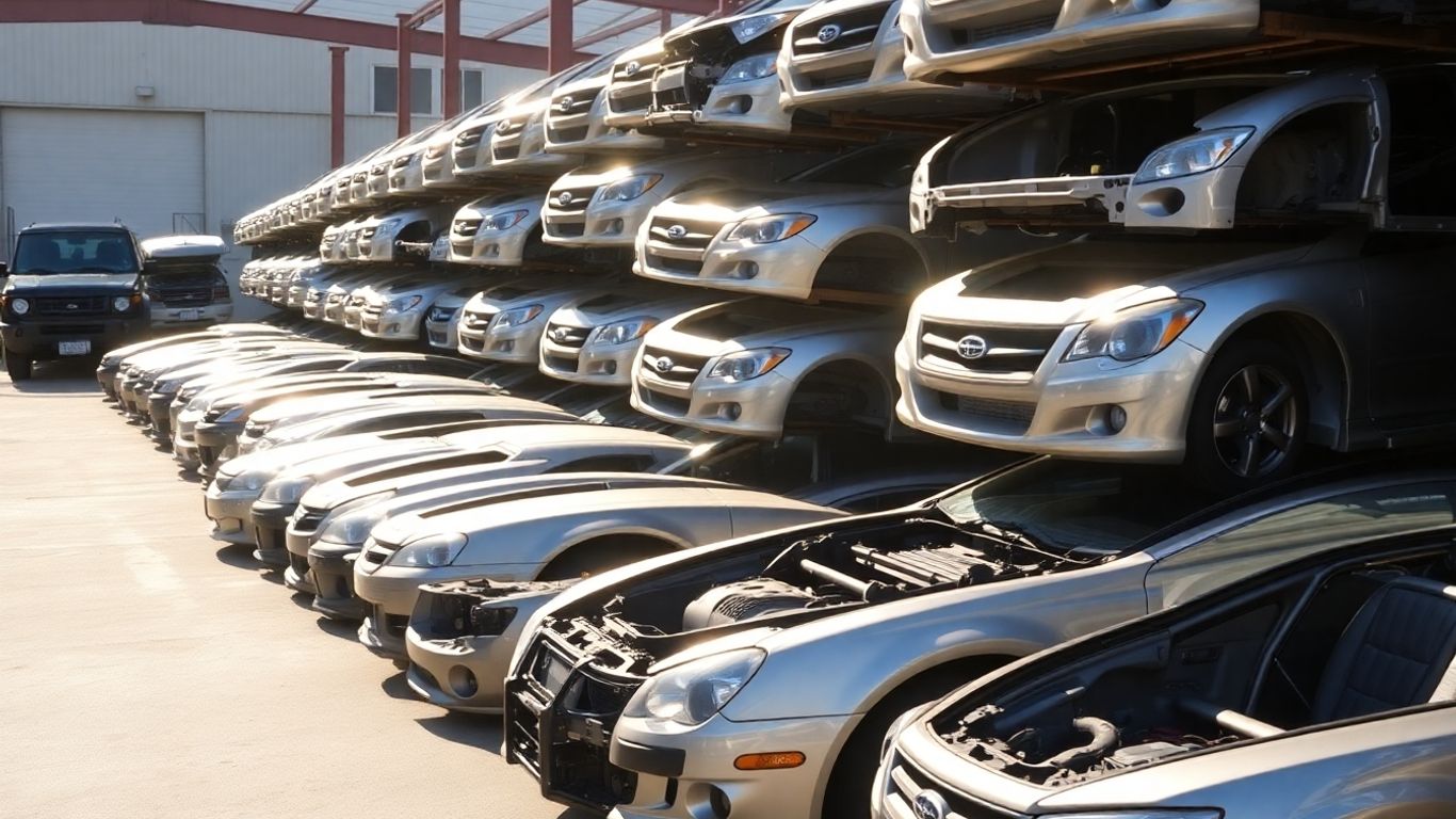 Used Subaru parts and car bodies in a salvage yard.