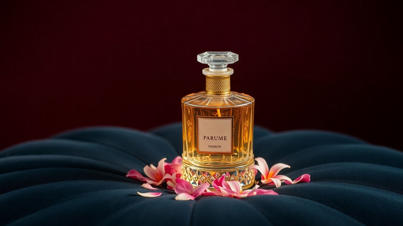 Elegant perfume bottle with scattered flower petals.