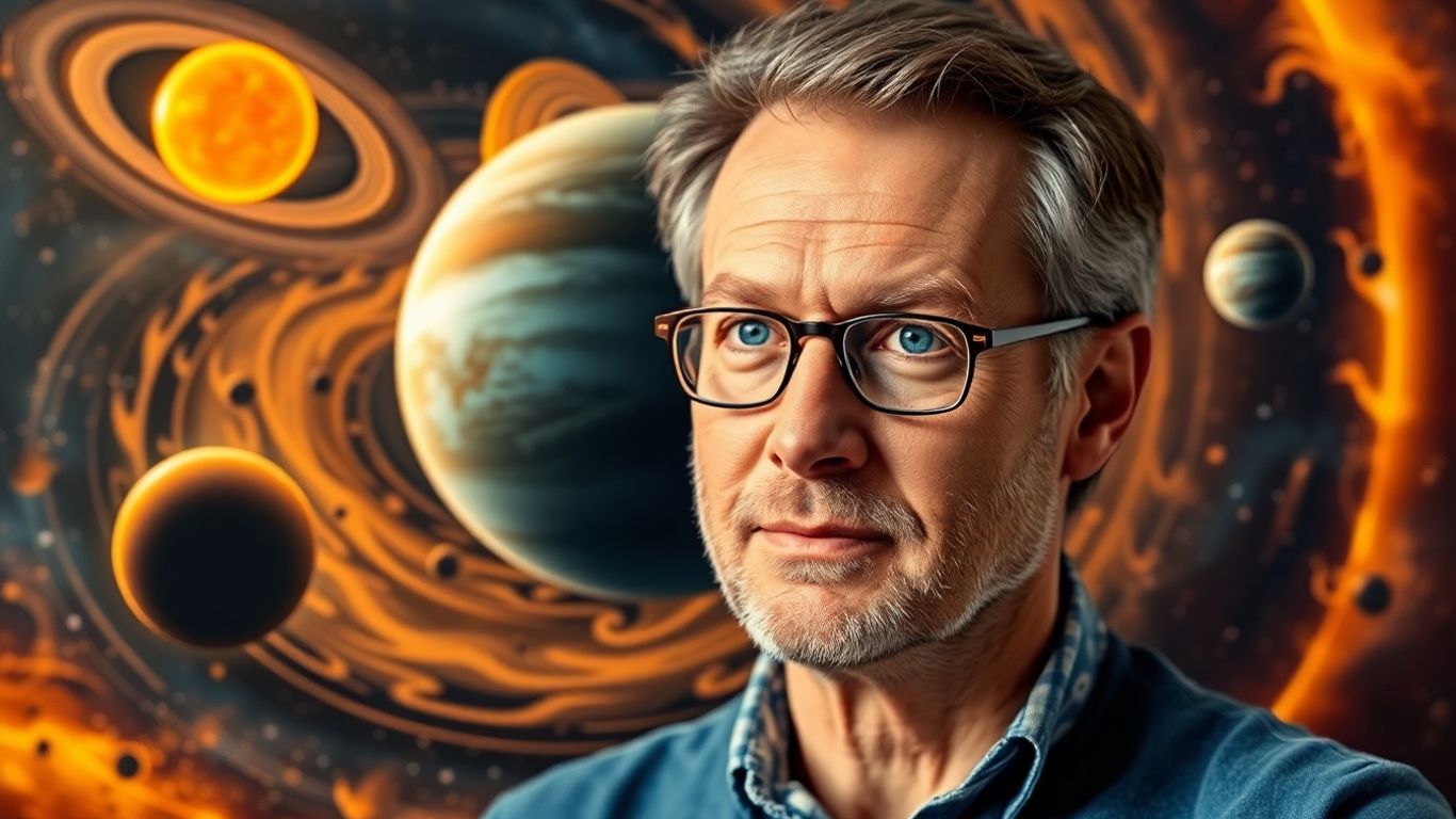 Portrait de Yoann Bourdon devant un système solaire animé