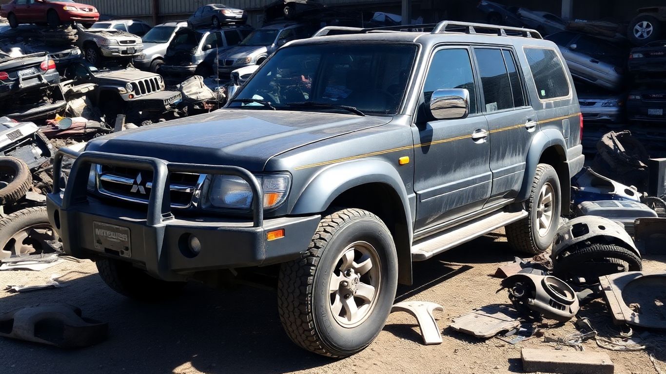 Mitsubishi 4x4 vehicle in a wrecking yard.