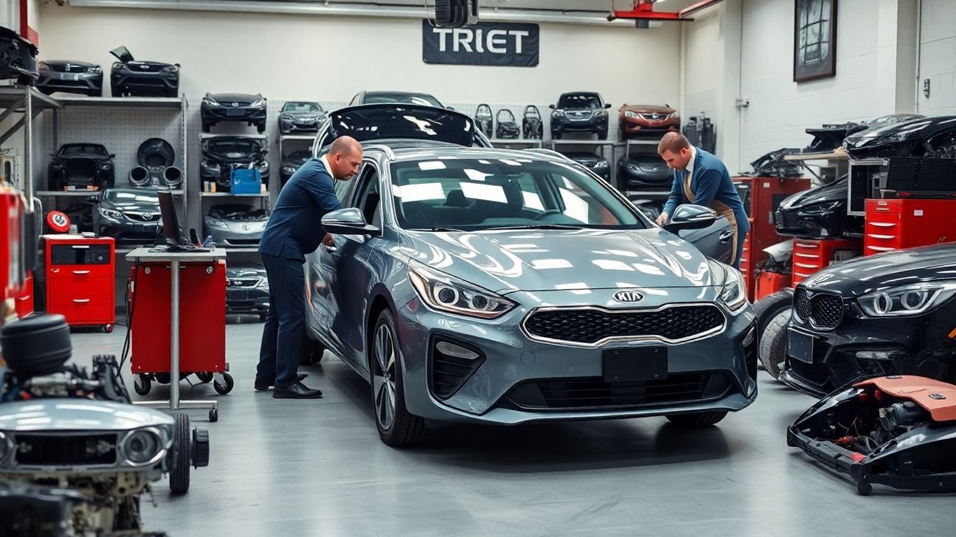 Modern Kia car with technicians and salvaged parts.