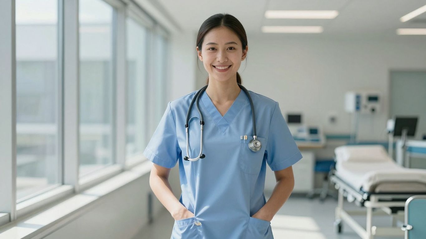 Nurse in Australia with stethoscope and uniform.