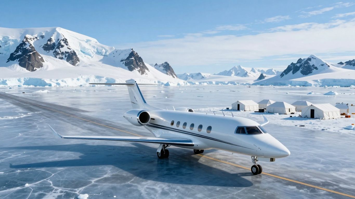 Private jet on blue-ice runway in Antarctica with mountains.