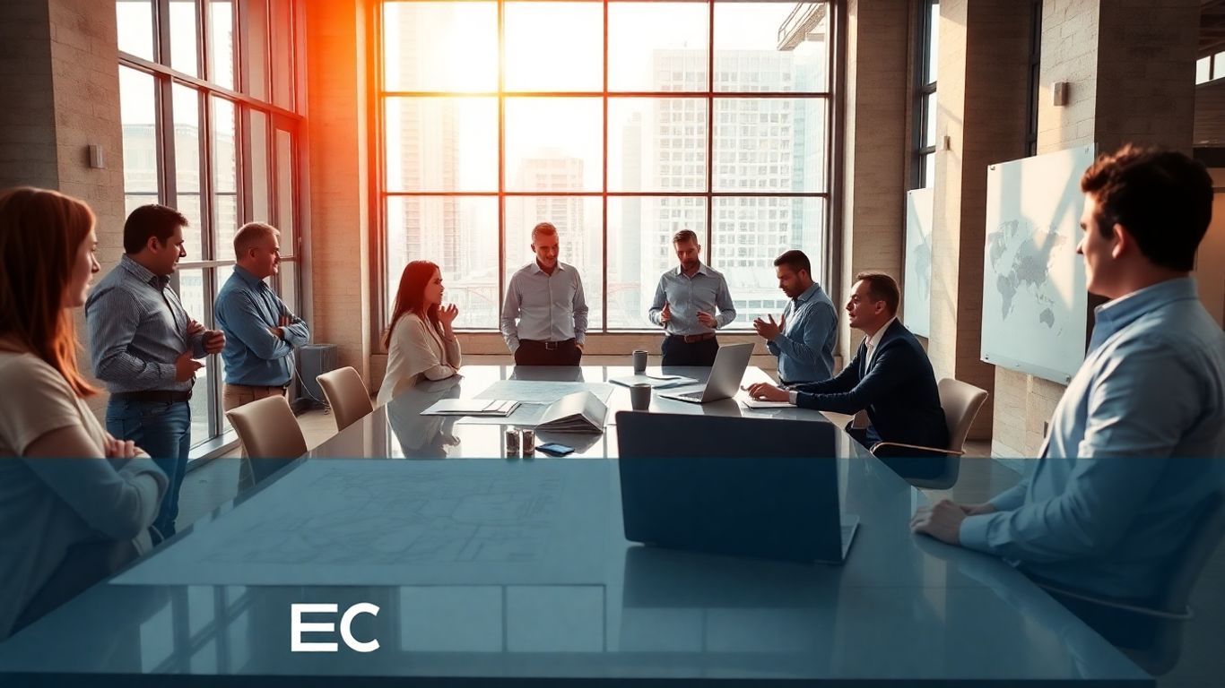 AEC marketing professionals collaborating in a modern office.