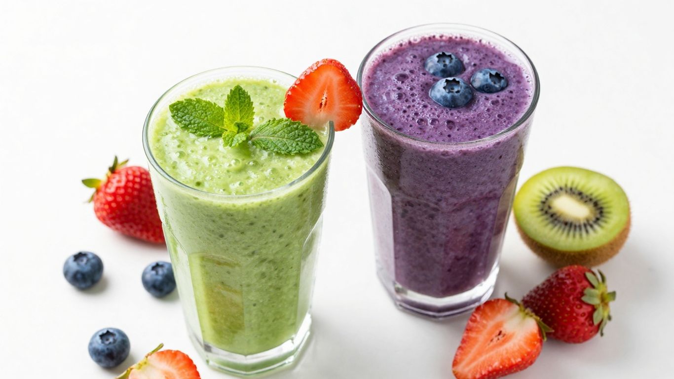Colorful fruit smoothies in glasses with fresh fruit.