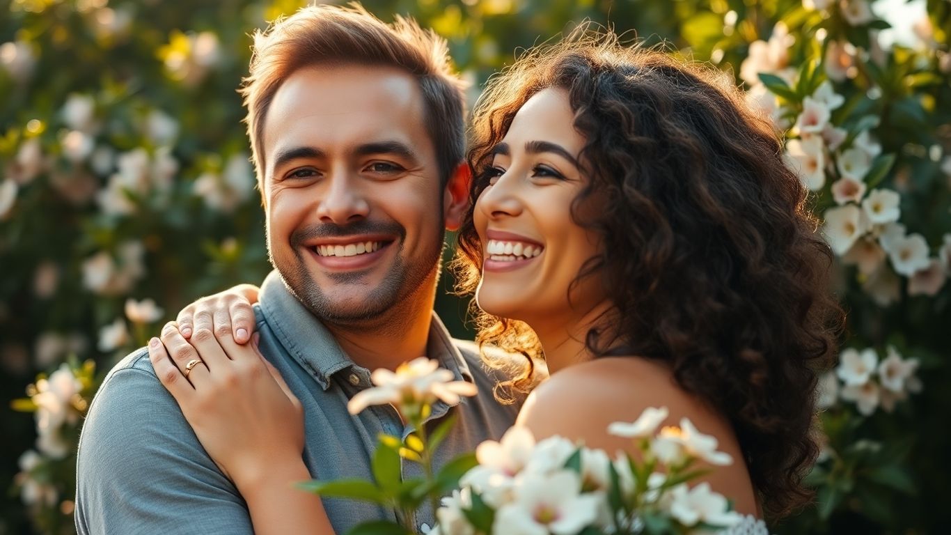Couple embracing with smiles and warm lighting.