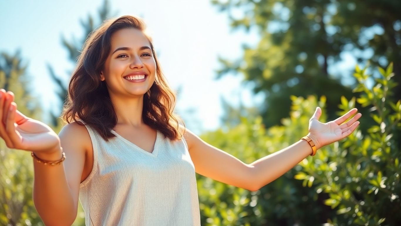 Confident woman smiling outdoors in bright sunlight