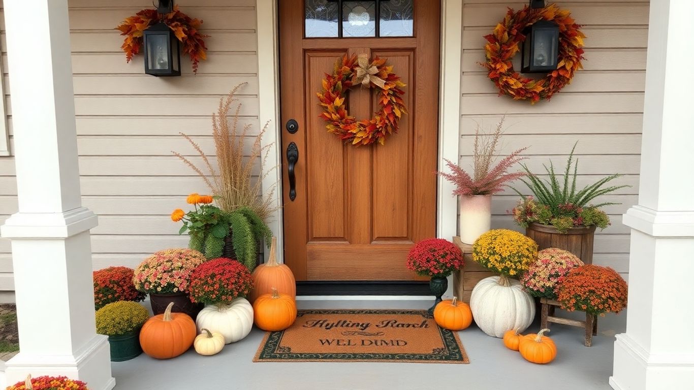 Cozy autumn front porch with pumpkins and fall foliage.