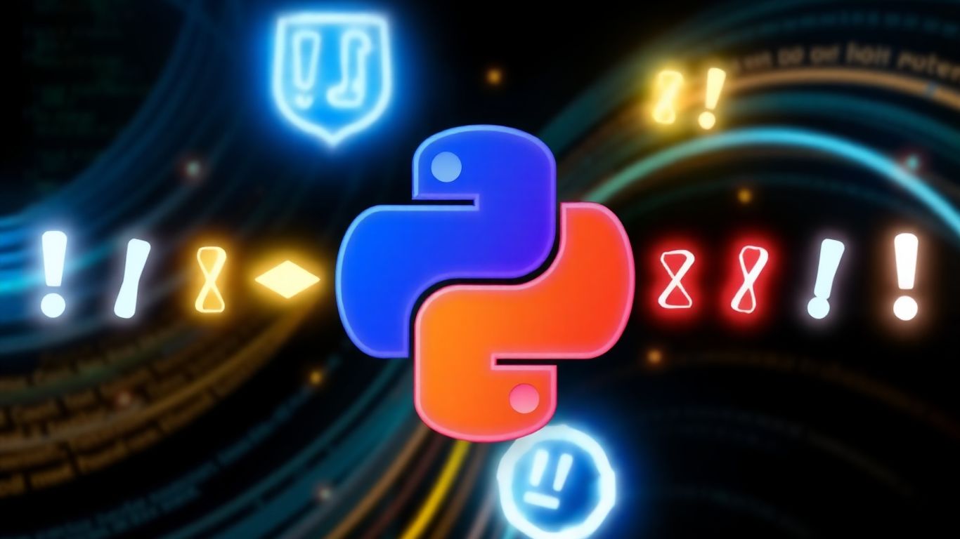 Python logo with glowing error symbols and code lines