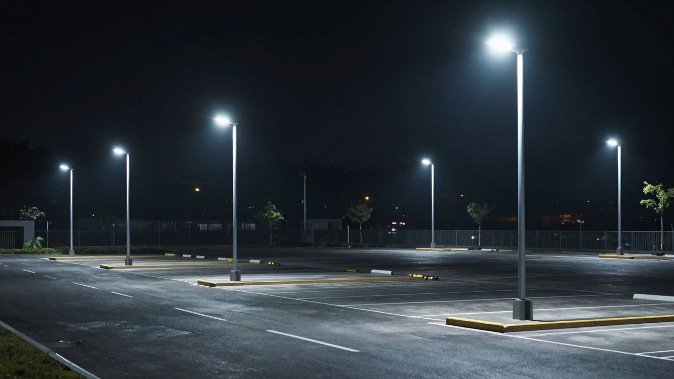 Bright LED parking pole lights illuminating a dark lot at night.