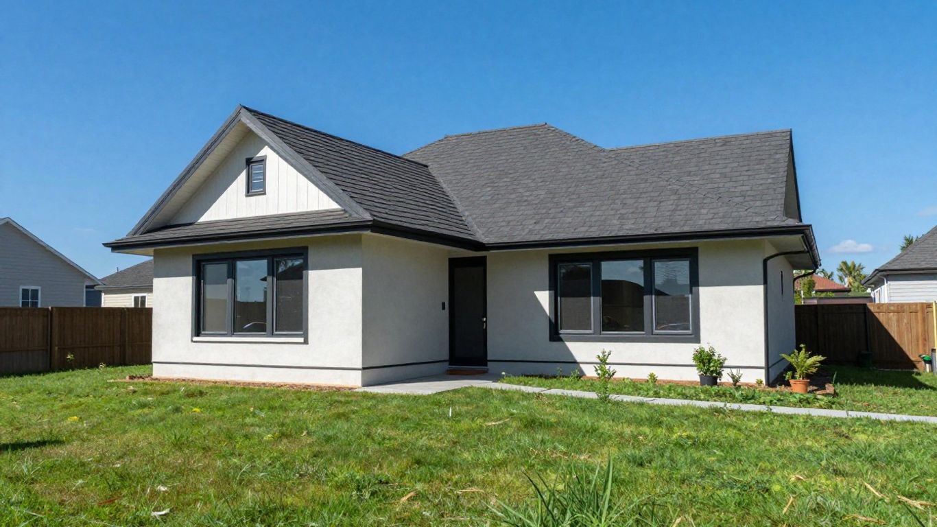 Casa moderna con jardín y cielo azul.