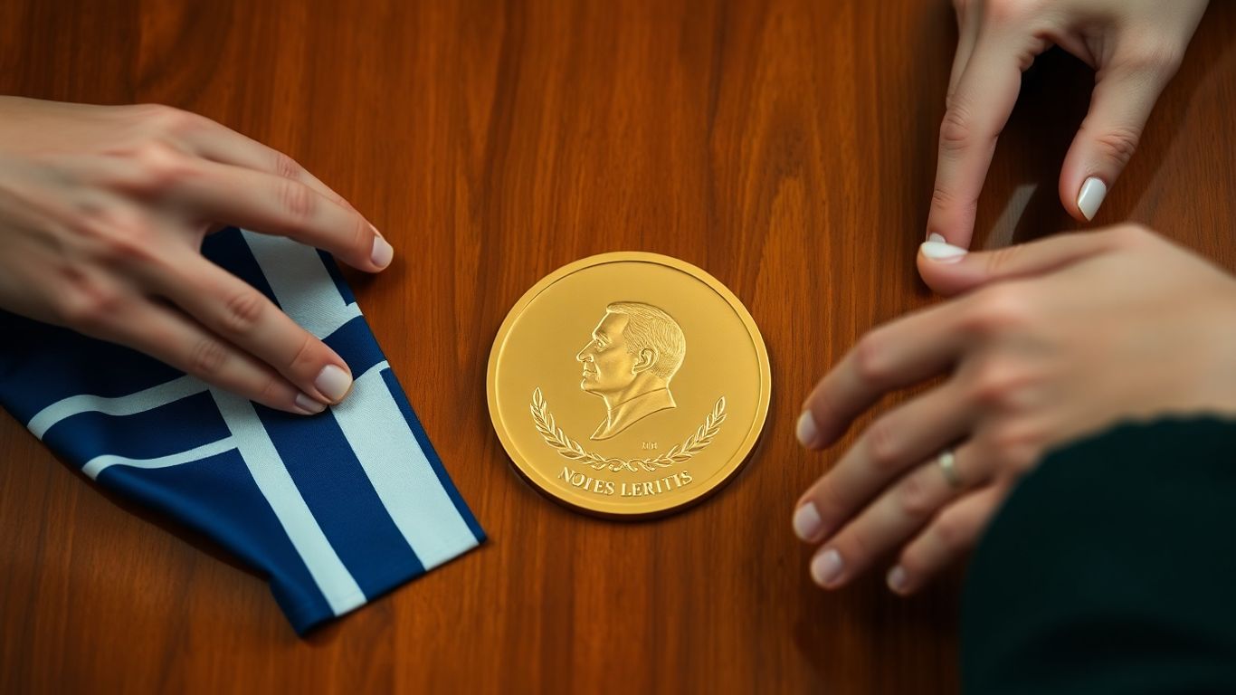 Médaille Nobel sur table, drapeau norvégien et mains opposées.