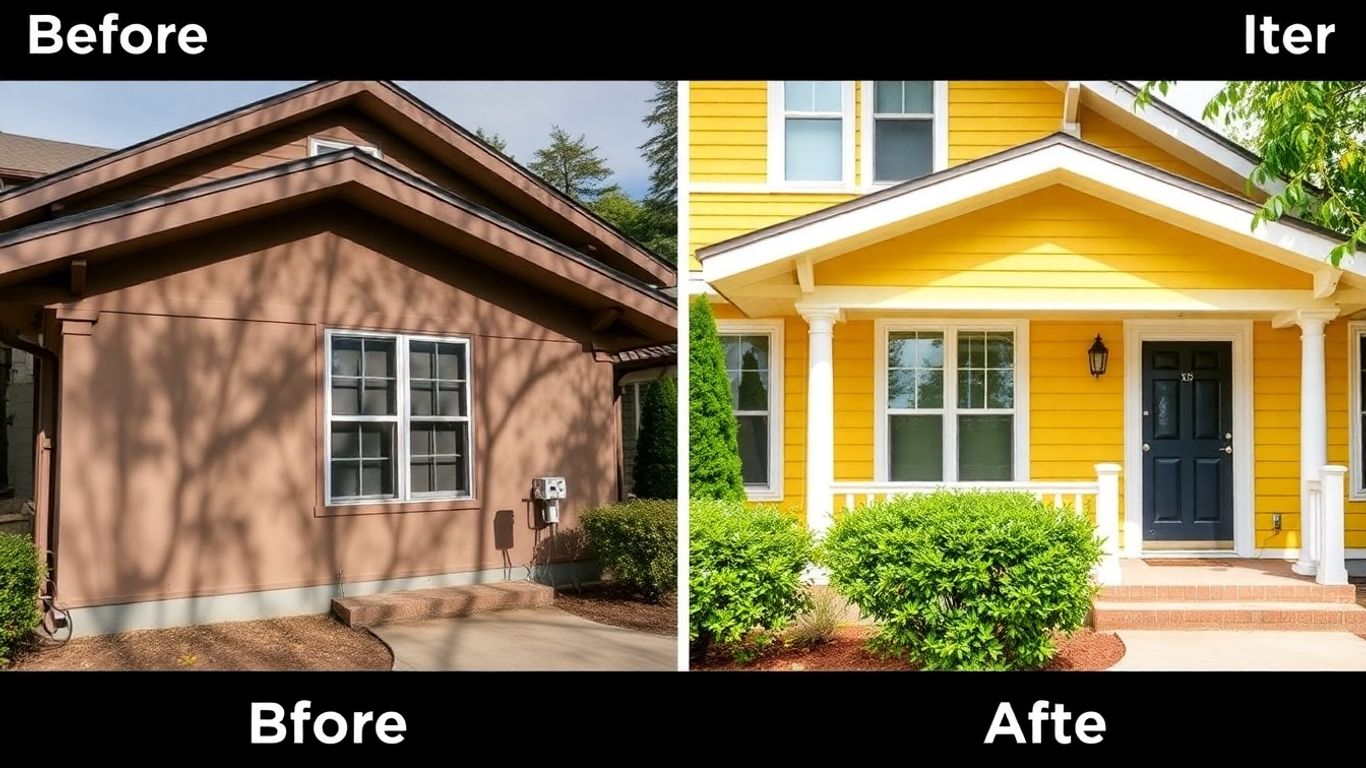 House exterior before and after painting transformation.