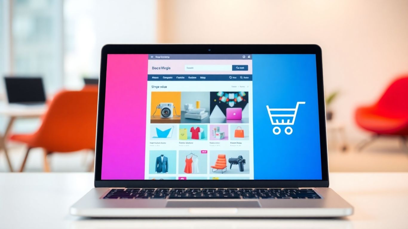 Online store setup on a laptop screen.