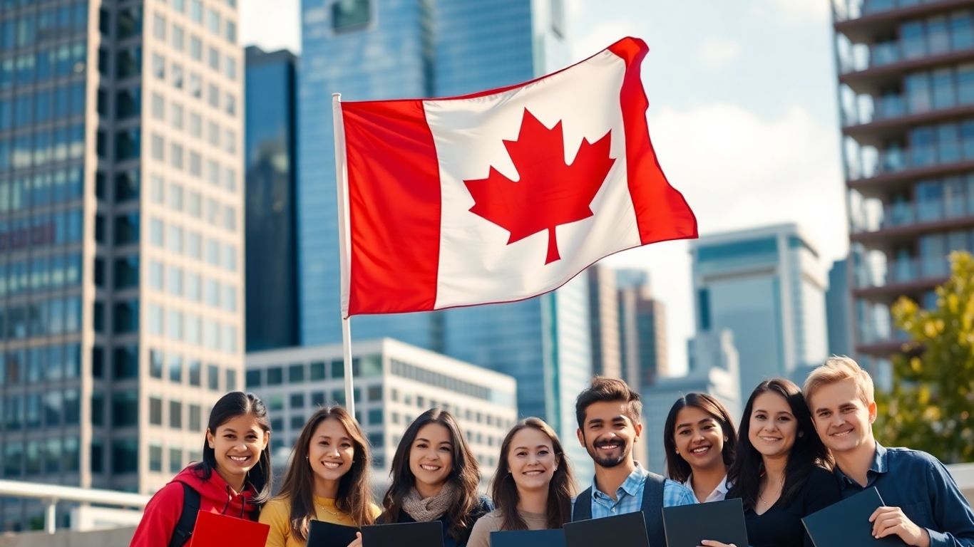 Canadian flag and smiling international graduates in a city.