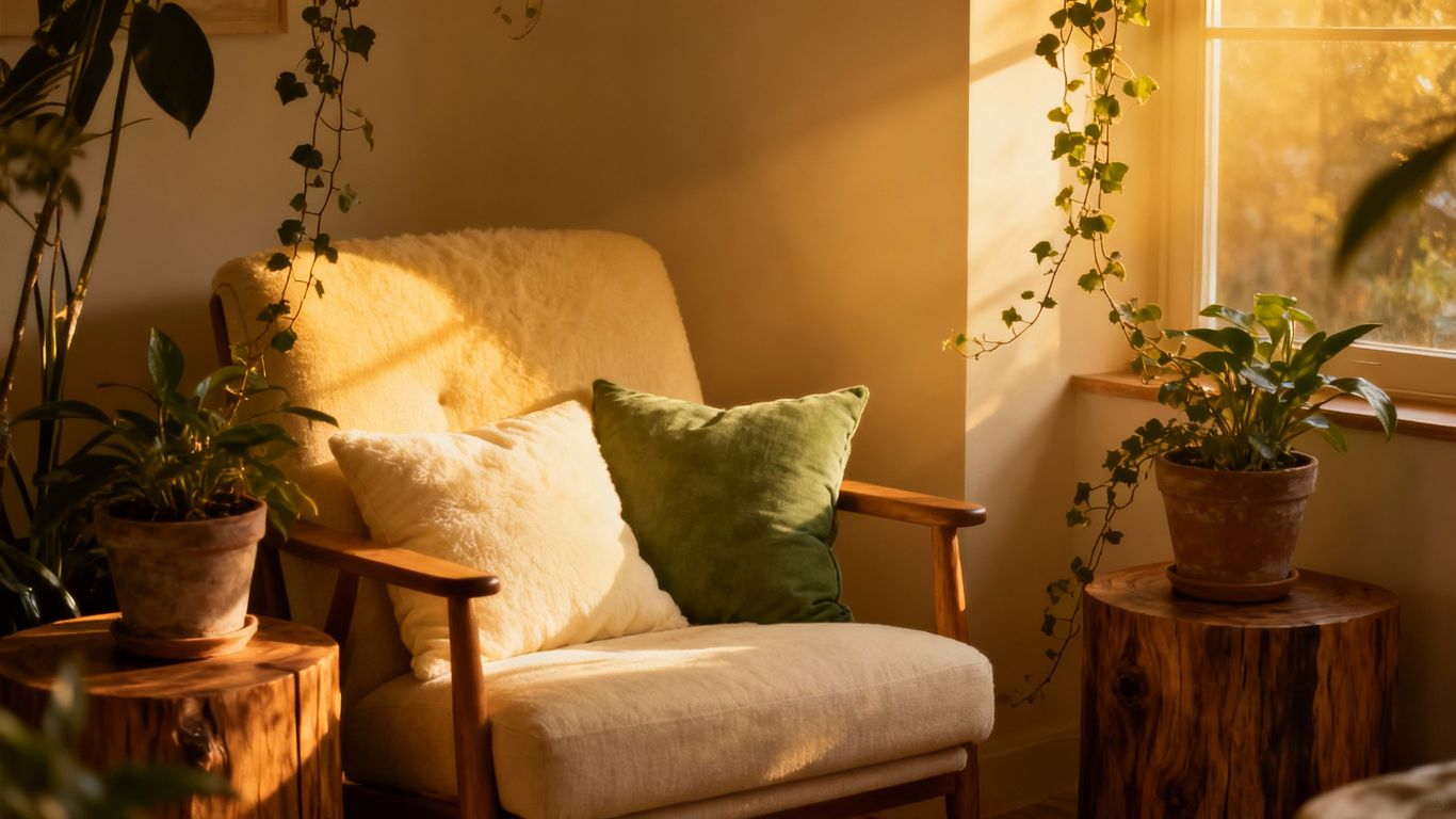 Cozy recovery nook with plants and soft lighting.